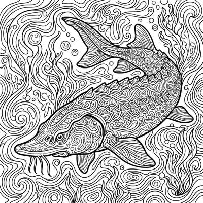Embark on an extraordinary coloring adventure with our psychedelic sturgeon design, featuring a majestic fish adorned with intricate, swirling patterns. This captivating template promises hours of creative immersion for both adult and teen colorists.