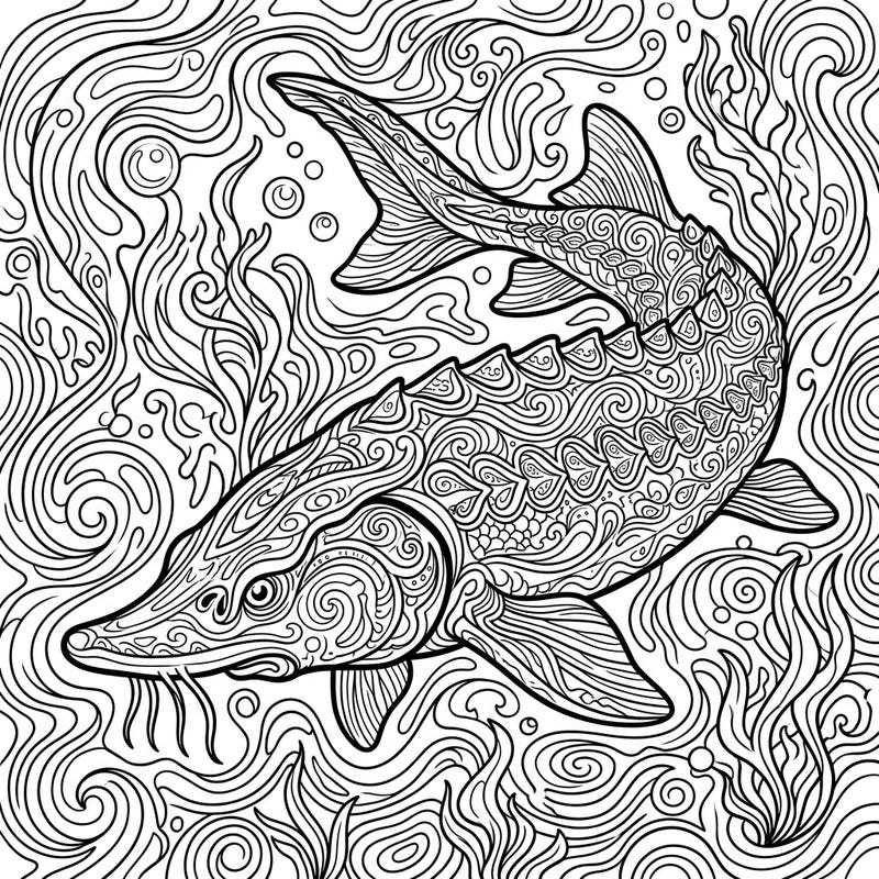 Embark on an extraordinary coloring adventure with our psychedelic sturgeon design, featuring a majestic fish adorned with intricate, swirling patterns. This captivating template promises hours of creative immersion for both adult and teen colorists.