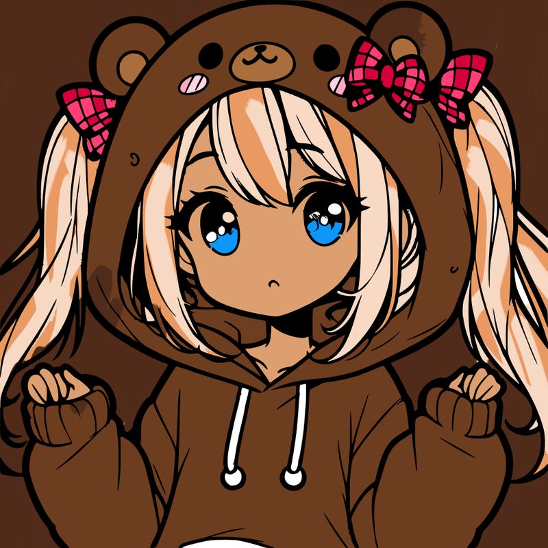 cute anime girl with ponytails and a cute bear hoodie