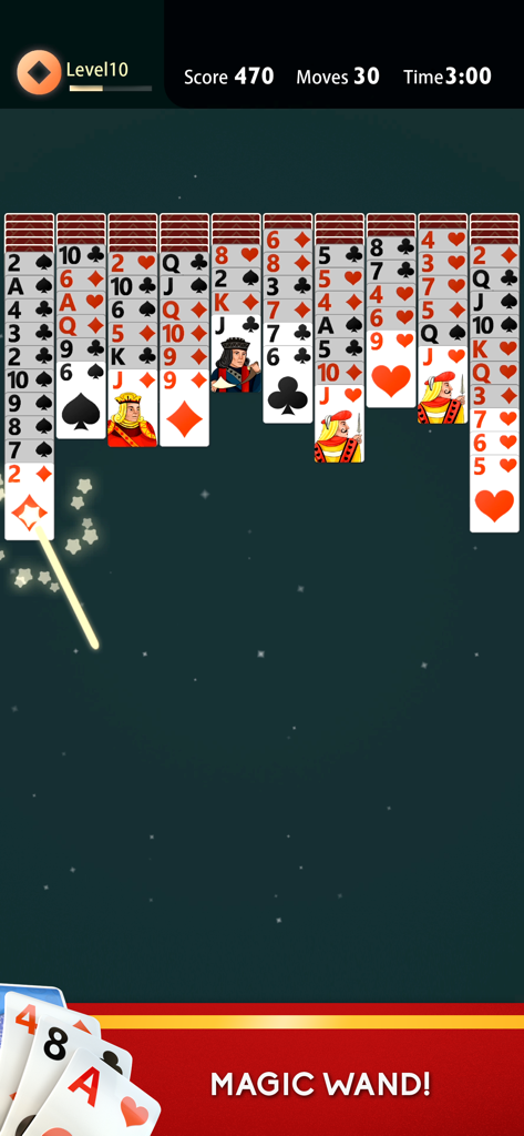 Spider Solitaire - Plus - A screenshot of Spider Solitaire Plus gameplay featuring the Magic Wand tool on a clean minimalist dark background.