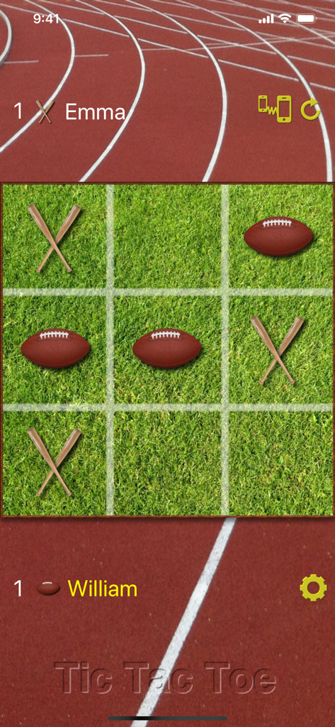 Un jeu de Tic Tac Toe utilisant des battes de baseball et des ballons de football au lieu de X et O sur un fond de pelouse et de piste d'athlétisme