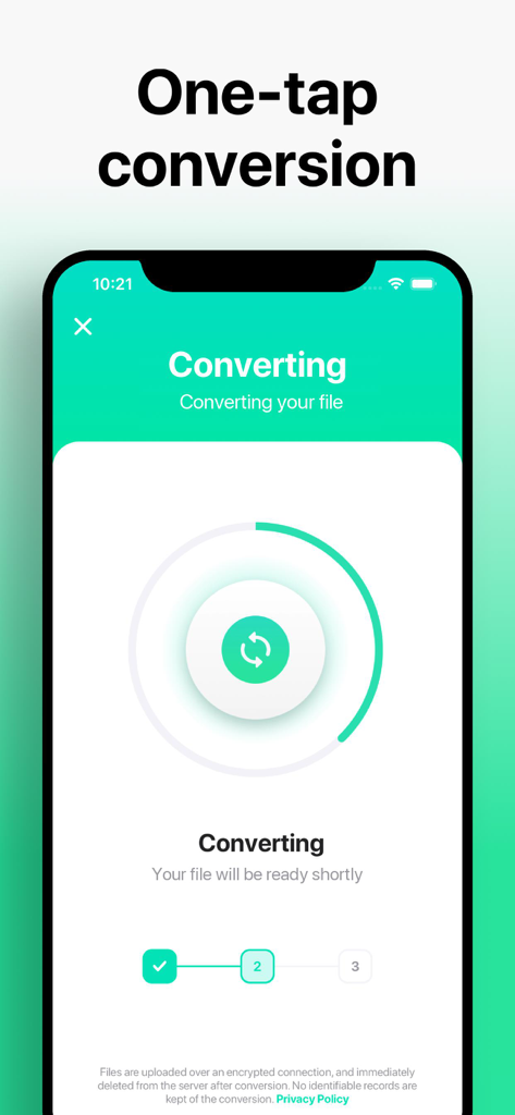 The Audio Converter - A mobile screen showing a file conversion in progress with a circular loading bar in The Audio Converter app.