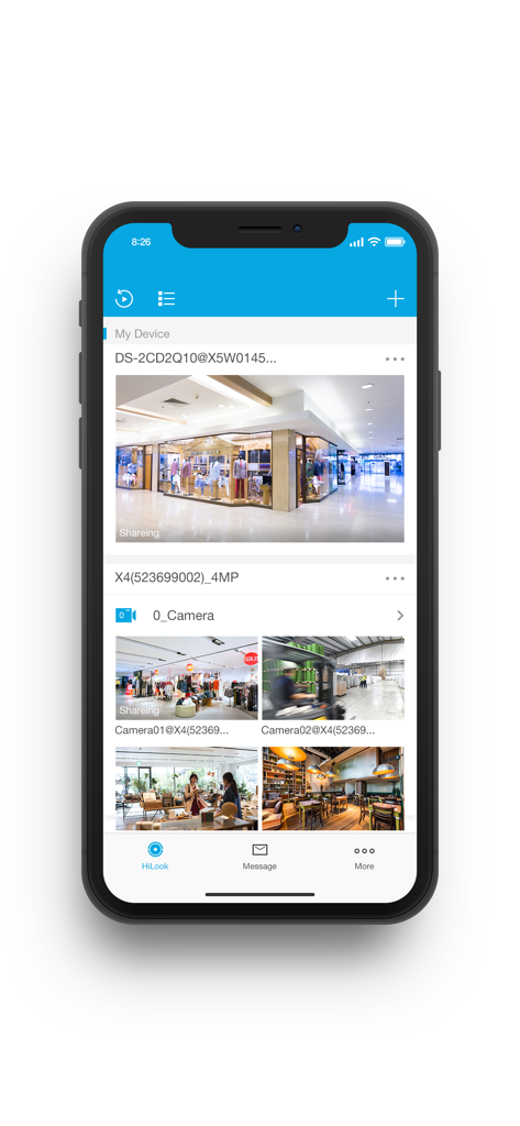 HiLook app screen displaying multiple live security camera feeds