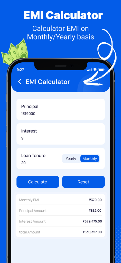 EMI Calculator app interface for calculating monthly or yearly loan payments