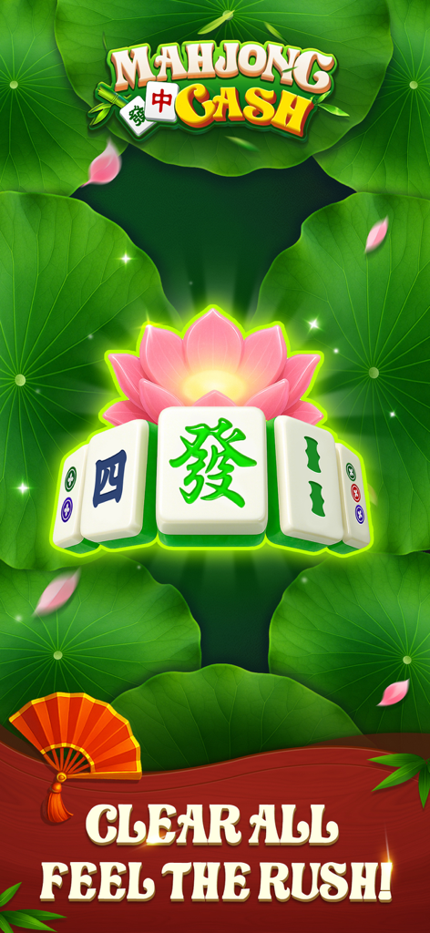 Mahjong Cash game screen featuring tiles and a pink lotus flower over green lily pads