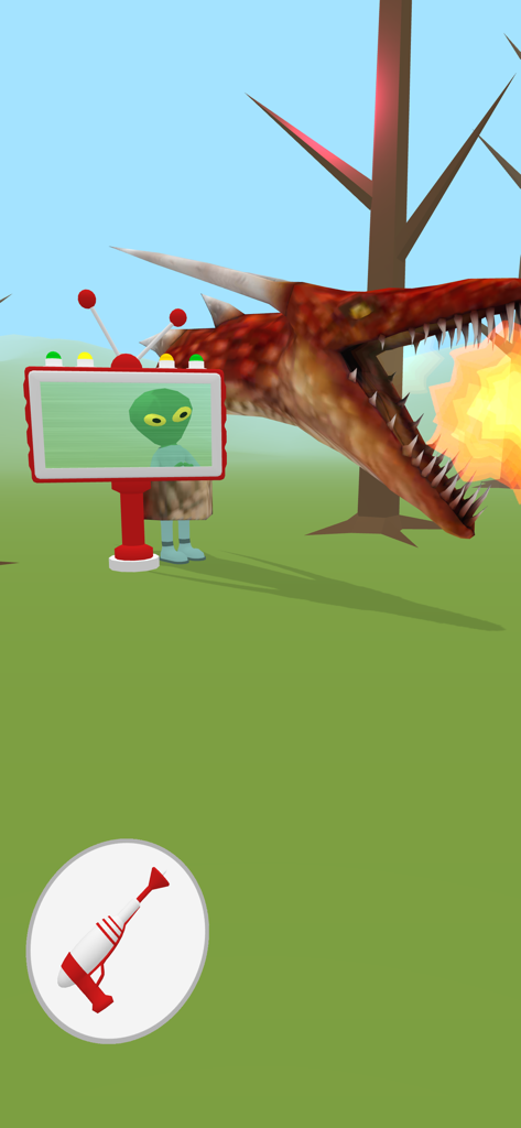 Find the Alien 2 - Gameplay of Find the Alien 2 showing a scanning device revealing a hidden green alien next to a large dragon