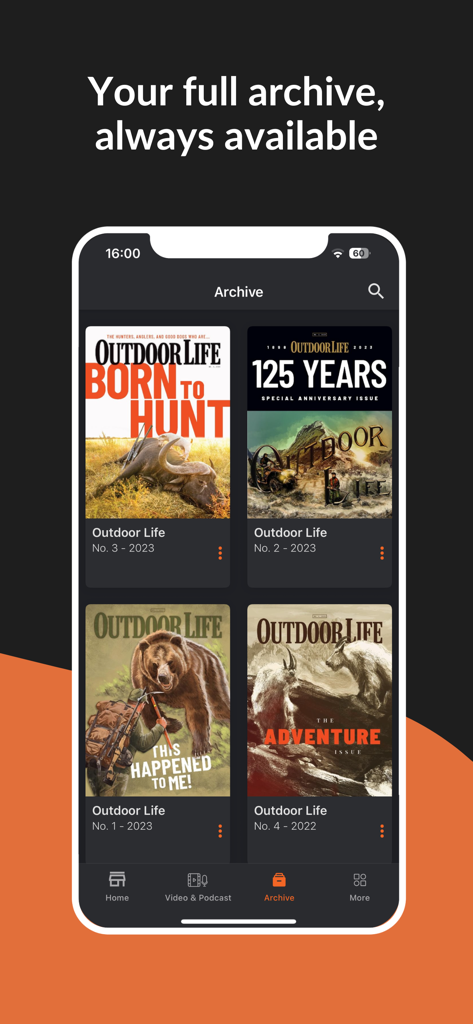 Outdoor Life - The archive screen of the Outdoor Life app showing various digital magazine covers
