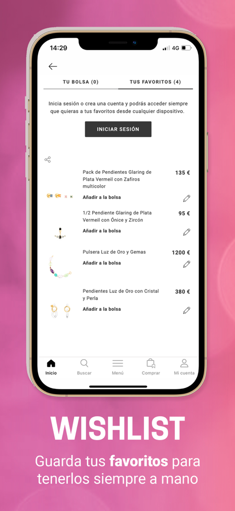 TOUS - TOUS mobile app wishlist screen showing saved jewelry items and prices