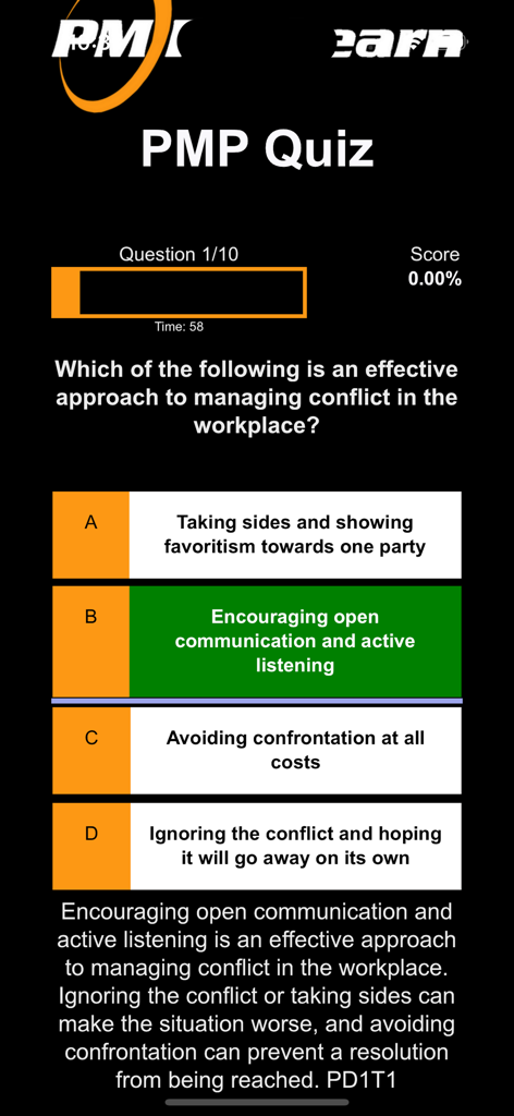 직장 갈등 관리에 대한 PMP 시험 연습 퀴즈 문제와 정답 및 설명