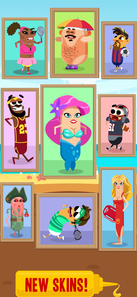 A collection of various funny character skins and costumes for the Run Sausage Run mobile game presented in picture frames.