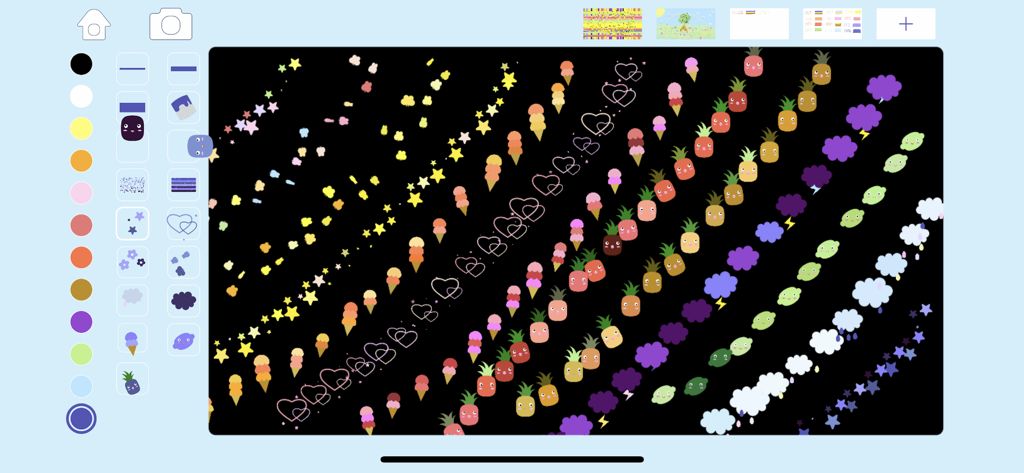 黒いキャンバスにカラフルなアニメーションステッカーとブラシエフェクトを表示するMagic Draw Paintアプリのインターフェース