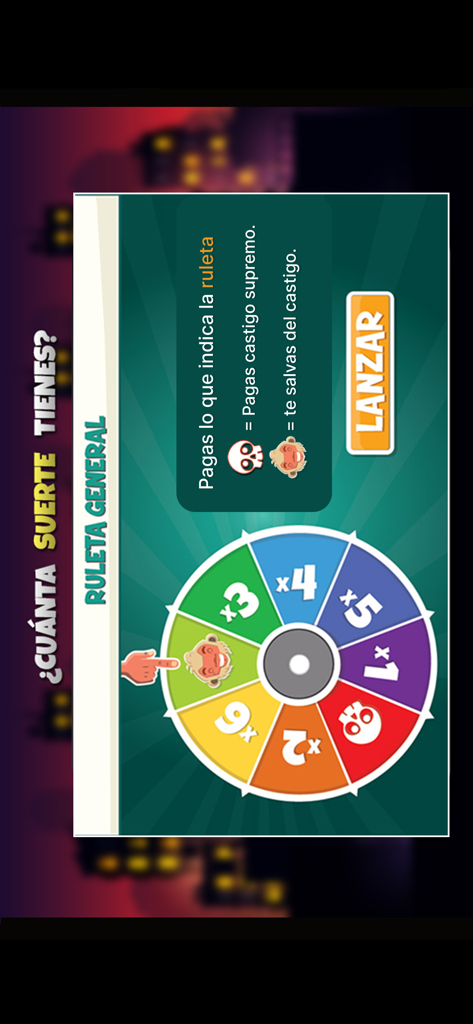 A colorful game roulette wheel with points and challenge icons in the Cultura Chupistica Fiesta 2 party app