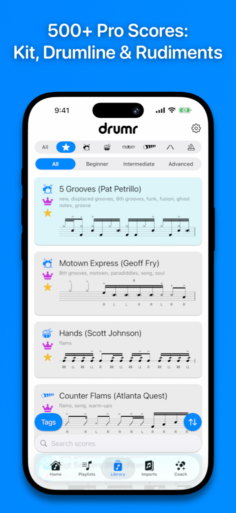 Drumr - Learn & Practice Drums - Smartphone screen showing the Drumr app library with over 500 professional drum scores for kit and drumline