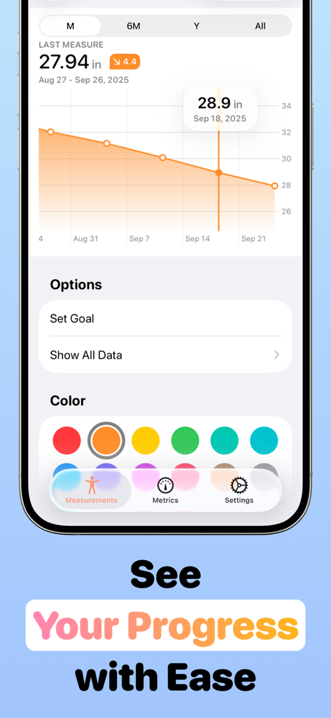 My Body Measurement Tracker - A progress chart in the My Body Measurement Tracker app showing downward trends for body measurements with customization options.