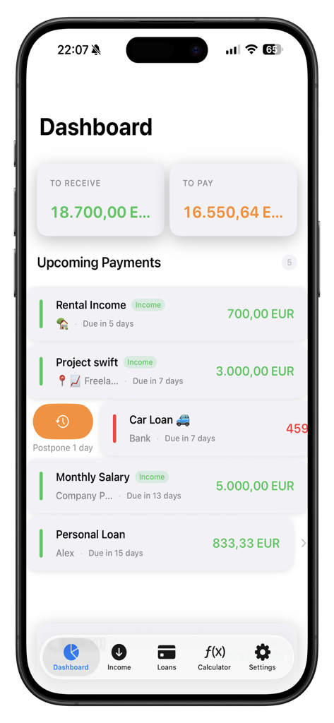 Ypsilon - Ypsilon mobile app dashboard showing a list of upcoming income and loan payments with total amounts to receive and pay
