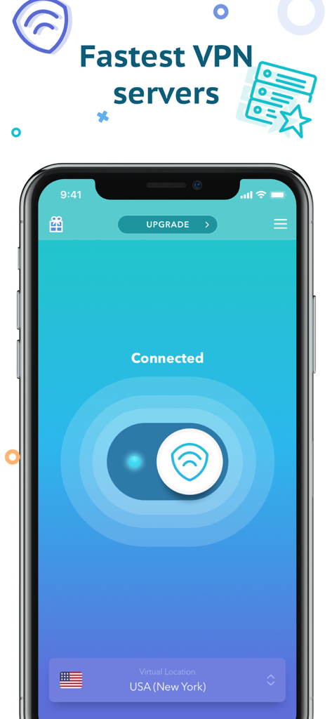 Secure VPN & Proxy by Snowd - Smartphone screen showing Snowd VPN app connected to a USA New York server