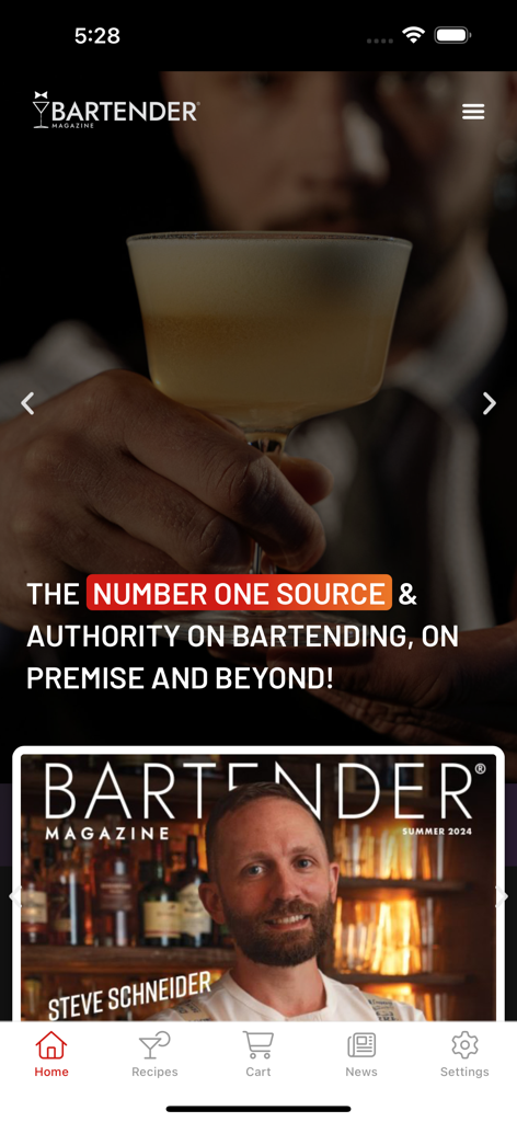 Home screen of the BARTENDER app featuring the Summer 2024 magazine cover with Steve Schneider and main navigation menu.
