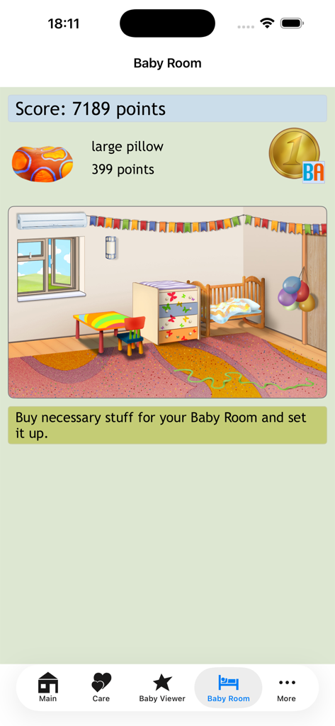 Baby Adopter Holidays - Interface of the Baby Adopter Holidays app showing the Baby Room decoration screen with furniture and a point shop.