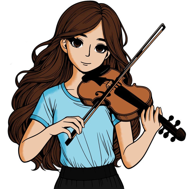 realistic teenage girl wearing a t-shirt, long hair, playing the violin