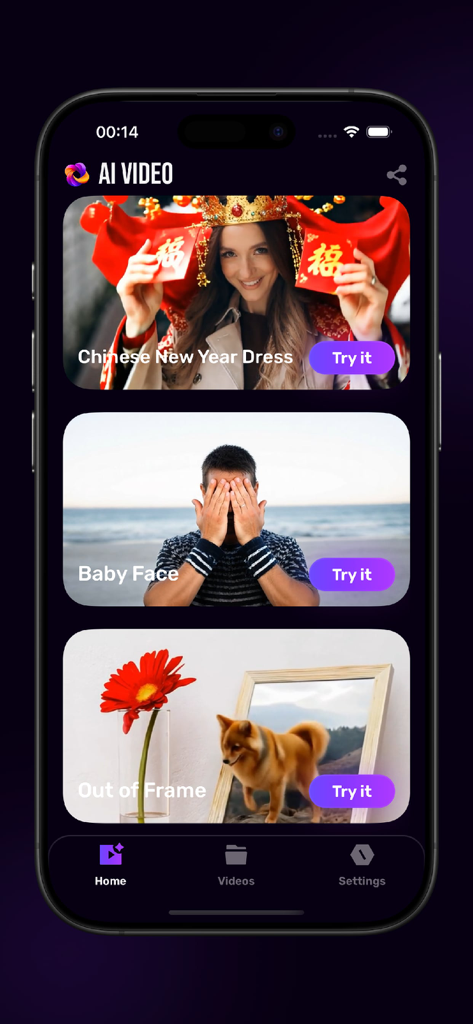 AI Effects Video Maker - Home screen of the AI Effects Video Maker app featuring AI video templates like Out of Frame and Chinese New Year Dress