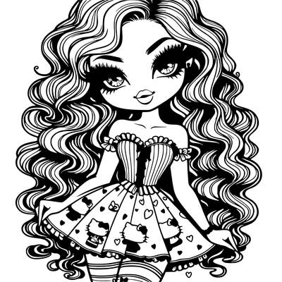 female with an hourglass waist,long sleek curly and wavy hair and bratty like eyes with lashes, and a soft smile with lipstick,wearing a ruffled corset a cute short kawaii overall skirt with a hello kitty pattern and mismatch heart and stripe socks and doll platform shoes