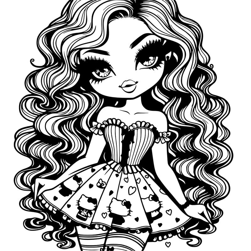 female with an hourglass waist,long sleek curly and wavy hair and bratty like eyes with lashes, and a soft smile with lipstick,wearing a ruffled corset a cute short kawaii overall skirt with a hello kitty pattern and mismatch heart and stripe socks and doll platform shoes