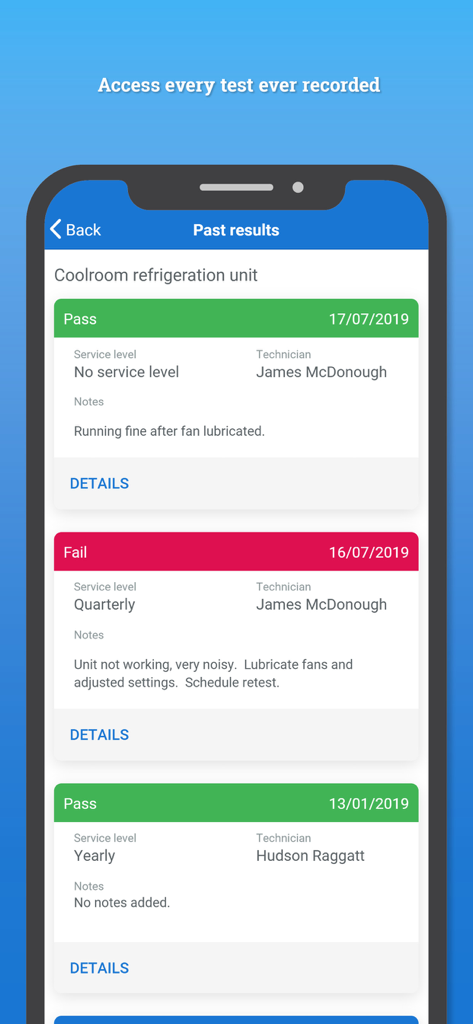 Simpro Mobile app screen displaying historical test results and service logs for a refrigeration unit