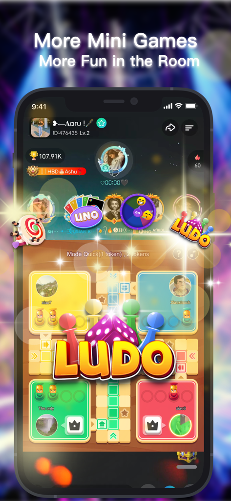 Interface de l'application ViYa montrant un mini-jeu de Ludo en cours dans un salon vocal de groupe avec plusieurs utilisateurs.