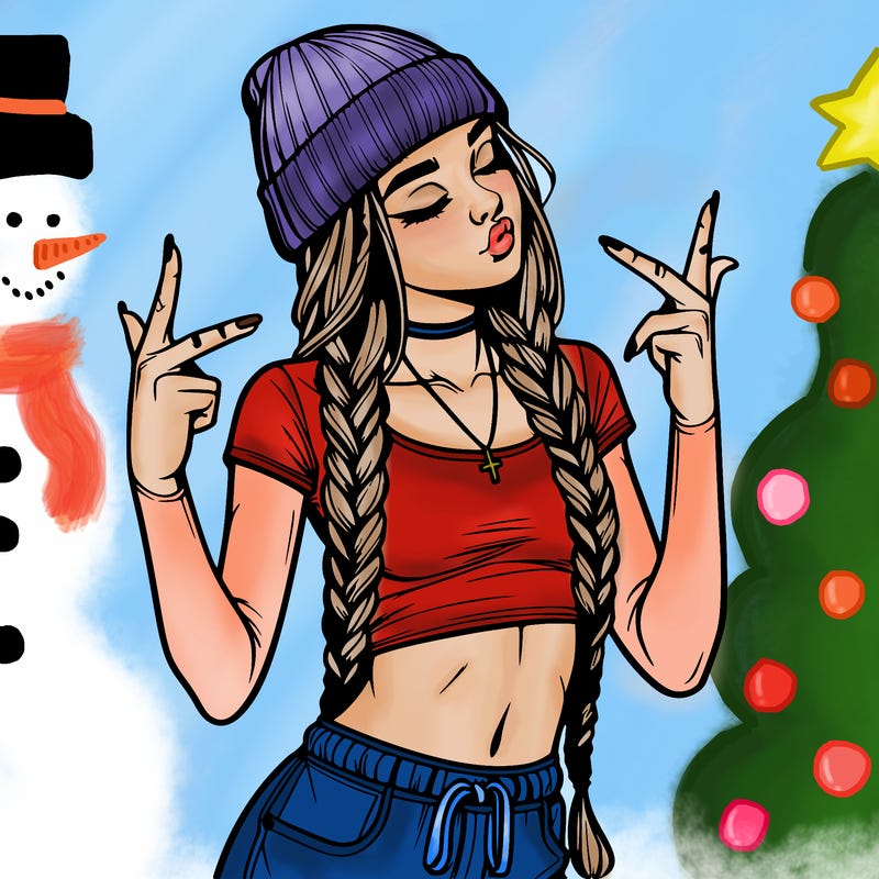 realistic teenage girl with braids and a beanie and crop top doing 🫶🏼