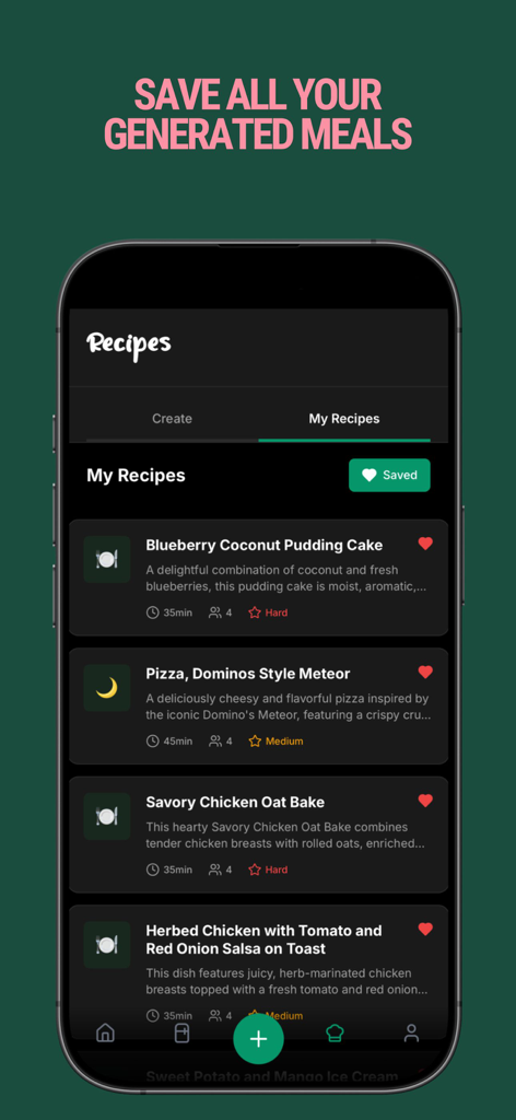 Crumb: Kitchen Recipes & Meals - A list of saved recipes in the Crumb app showing details for dishes like pudding cake and savory chicken.