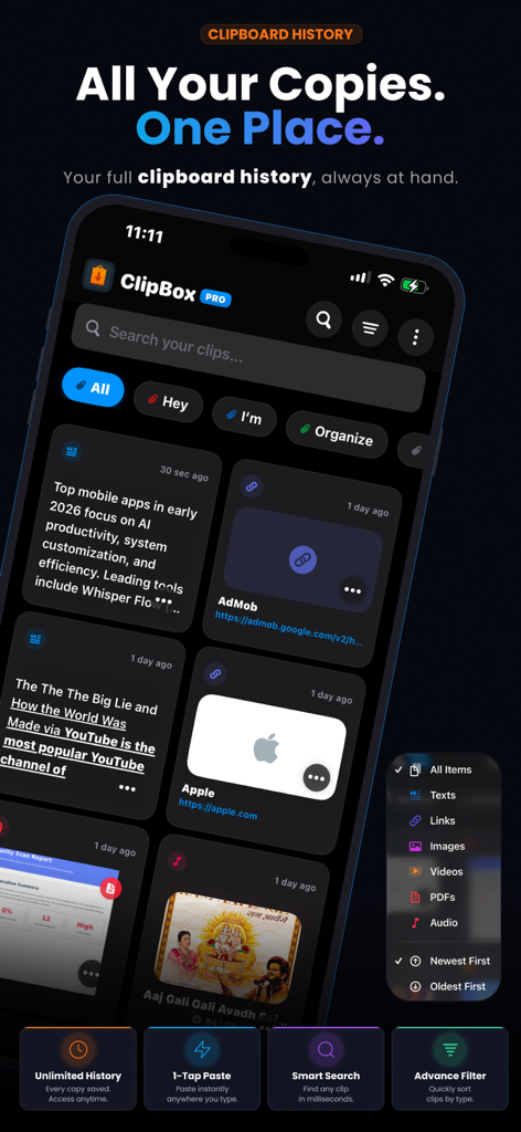 ClipBox – Copy & Paste Manager - Interfaz de la aplicación ClipBox que muestra el historial organizado del portapapeles de texto, enlaces y medios en un iPhone