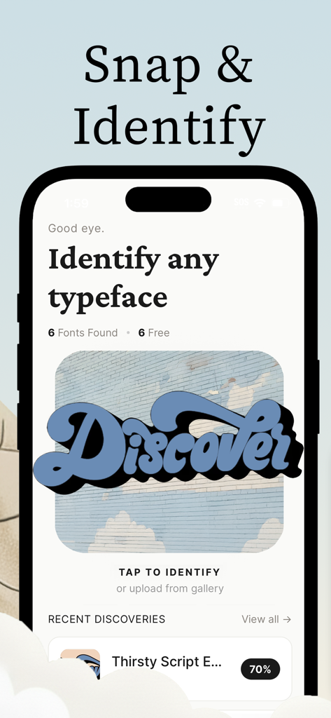 Die Benutzeroberfläche der Font Finder App zeigt die KI-Identifizierung einer Skriptschriftart aus einem Bild.
