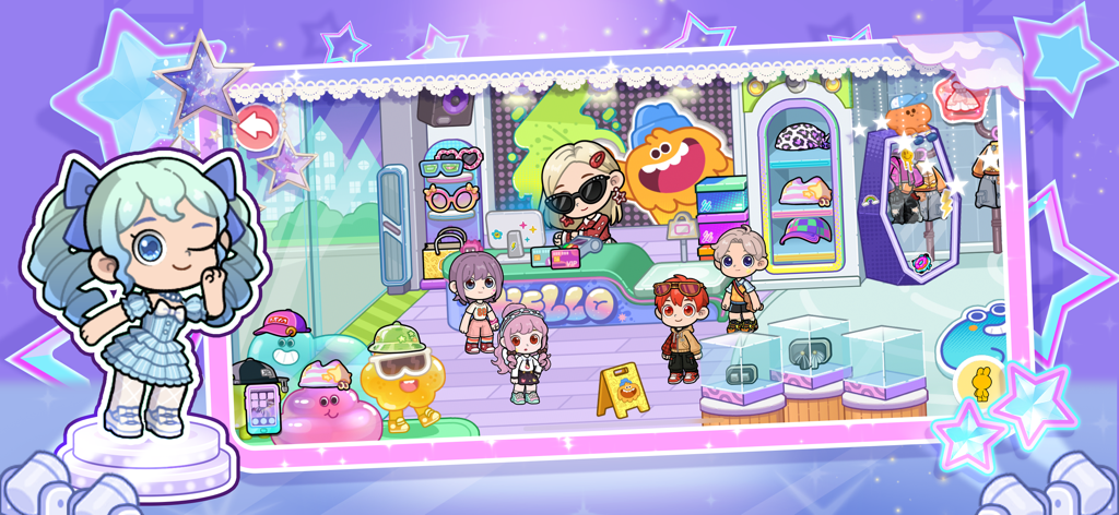 Characters shopping in a colorful fashion boutique in Sparkle City