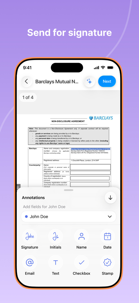 Interface de l'application mobile Signeasy affichant un accord de confidentialité avec des options pour ajouter des champs de signature et d'initiales.