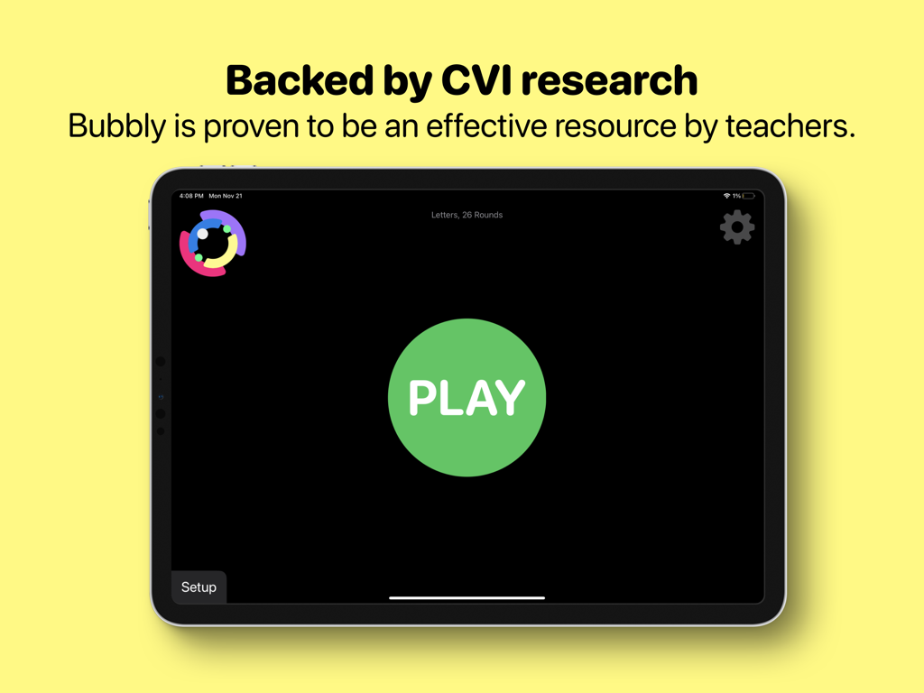 Bubbly - CVI Literacy - Pantalla de iPad que muestra la página de inicio de la aplicación Bubbly CVI Literacy con un gran botón de reproducción verde sobre un fondo negro de alto contraste.