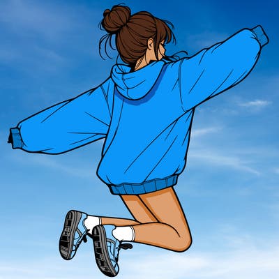 realistic girl jumping with a bun and oversized sweatshirt