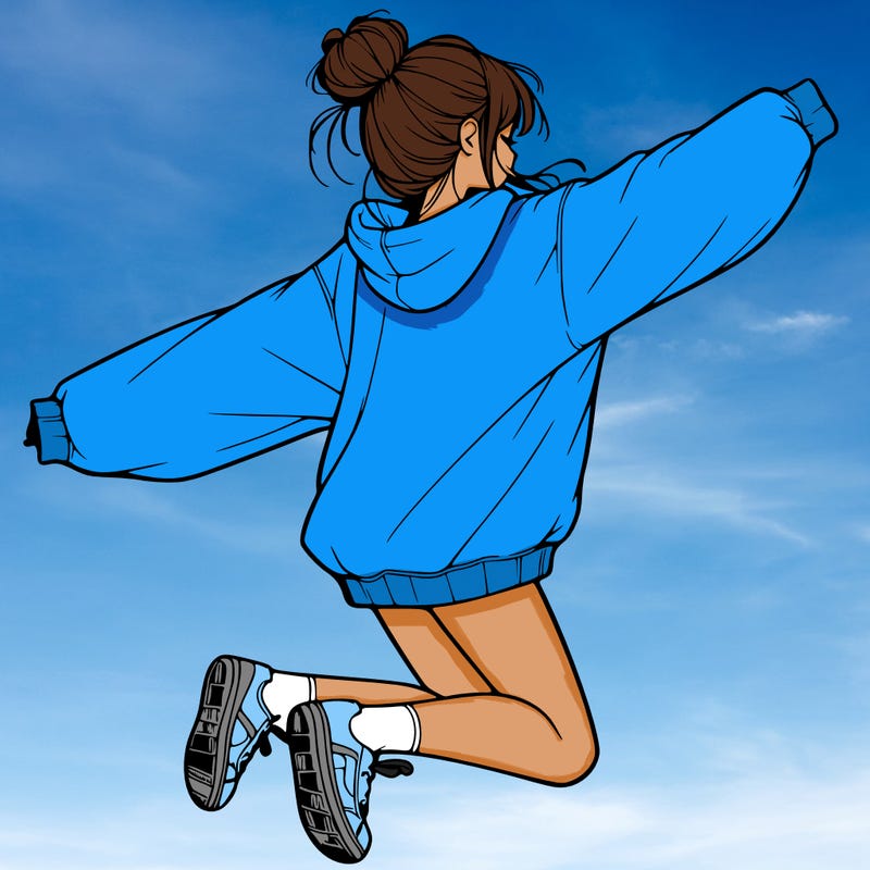 realistic girl jumping with a bun and oversized sweatshirt