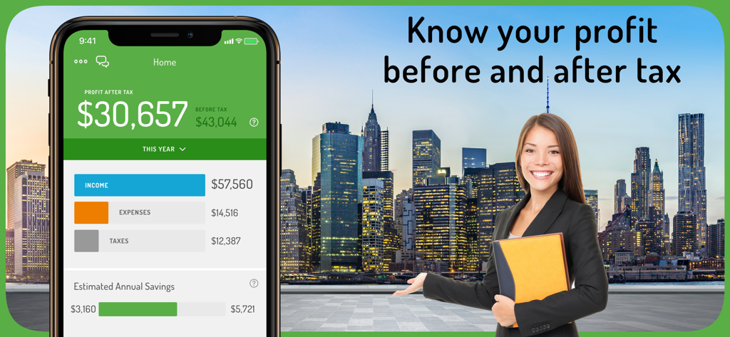Hurdlr Mileage, Expenses & Tax - Hurdlr App-Dashboard zeigt Gewinn nach Steuern und Geschäftseinkommen auf einem Smartphone-Bildschirm mit einer professionellen Frau im Hintergrund.