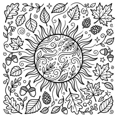 Immerse yourself in the beauty of autumn with this captivating coloring page featuring a stylized sun adorned with intricate botanical patterns. It's elegantly surrounded by an abundance of fall leaves, acorns, and berries, offering a delightful and serene coloring experience.