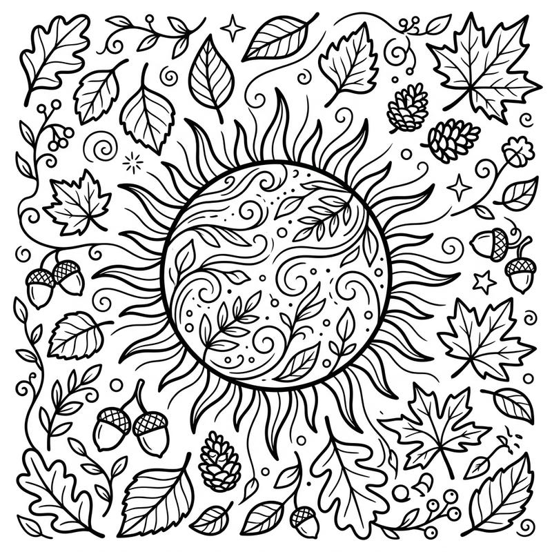 Immerse yourself in the beauty of autumn with this captivating coloring page featuring a stylized sun adorned with intricate botanical patterns. It's elegantly surrounded by an abundance of fall leaves, acorns, and berries, offering a delightful and serene coloring experience.