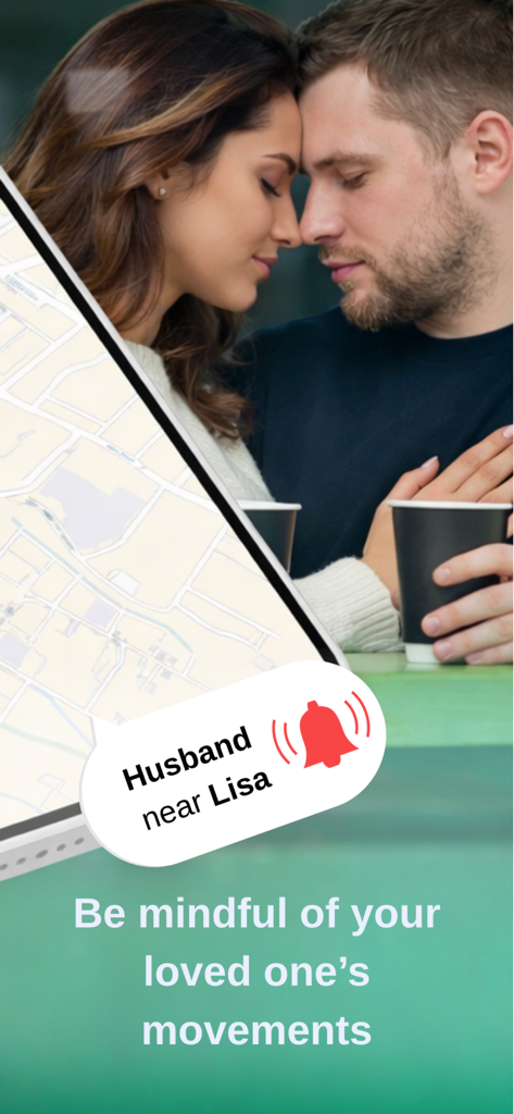 Phone Location Tracker - LocFi - A smartphone notification showing Husband near Lisa on the LocFi app with a couple in the background
