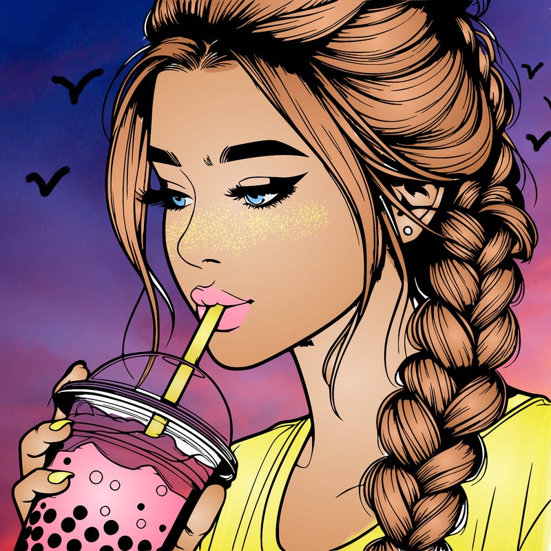realistic girl drinking boba tea with braided hair