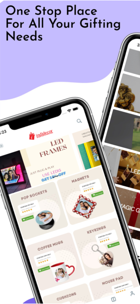 Indidecor - 맞춤 머그잔 및 열쇠고리와 같은 맞춤 선물 옵션을 보여주는 Indidecor 모바일 애플리케이션 인터페이스