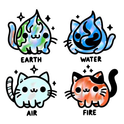 4 cats that represent the different elements, earth, water, air, and fire