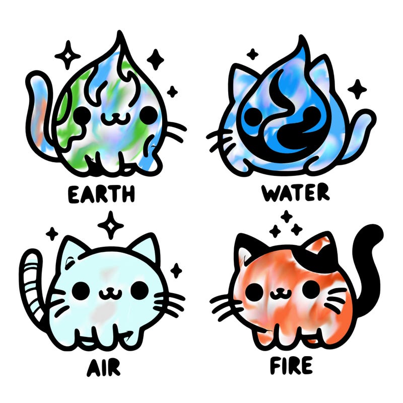 4 cats that represent the different elements, earth, water, air, and fire