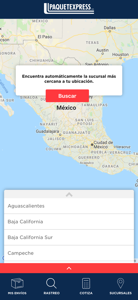 Paquetexpress app interface showing a map of Mexico with a search button to find the nearest shipping branch and a list of states.