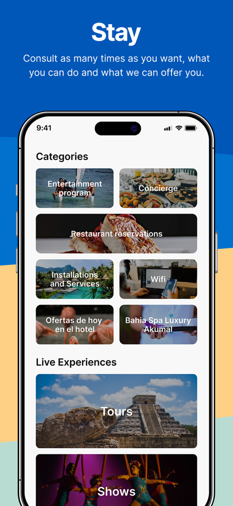 Bahia Principe Hotels - Pantalla de la app Bahia Principe que muestra servicios del resort como reservas de restaurantes, tours y espectáculos.