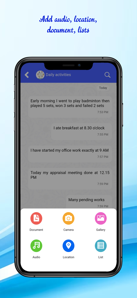 Open notes and reminder - Pantalla de smartphone que muestra la aplicación Open Notes y Recordatorios con una interfaz de toma de notas basada en chat y un menú de adjuntos multimedia