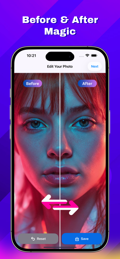 AI PhotoShot Magic - Comparación lado a lado de un retrato antes y después de aplicar un filtro artístico IA.