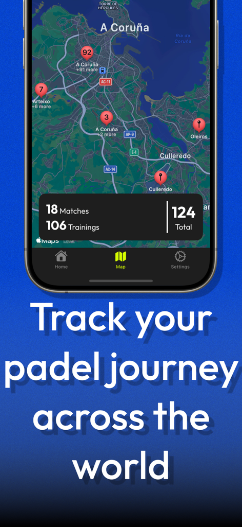 Padelio: Track Padel Activity - Screenshot of the Padelio app showing a map with pins tracking matches and trainings globally